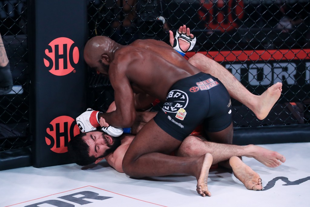 Corey Anderson throws down a left hand to the head of Dovletdzhan Yagshimuradov while on top in half guard.