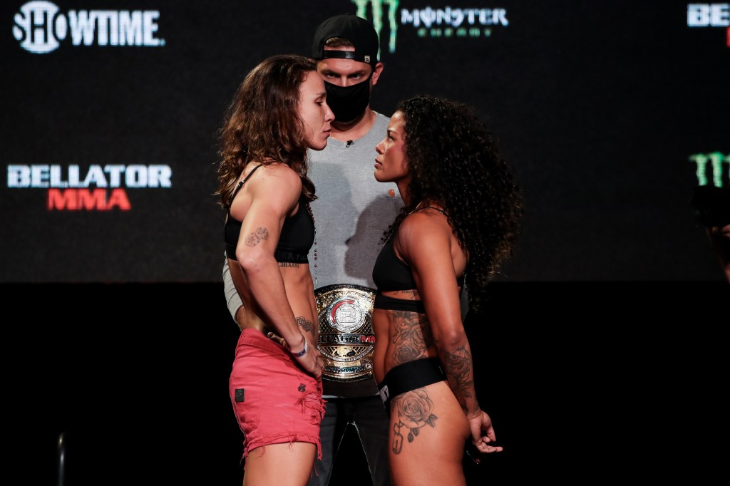 Juliana Velasquez and Denise Kielholtz face off at ceremonial weigh-ins.