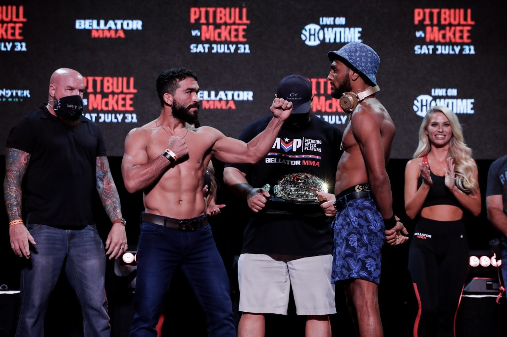 Patricio Pitbull and AJ McKee Jr. face off at the ceremonial Bellator weigh-ins.