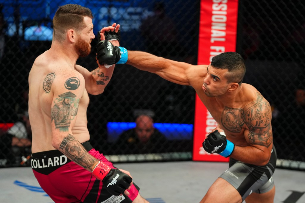 Raush Manfio throws a right cross at Clay Collard, who has his right arm down.