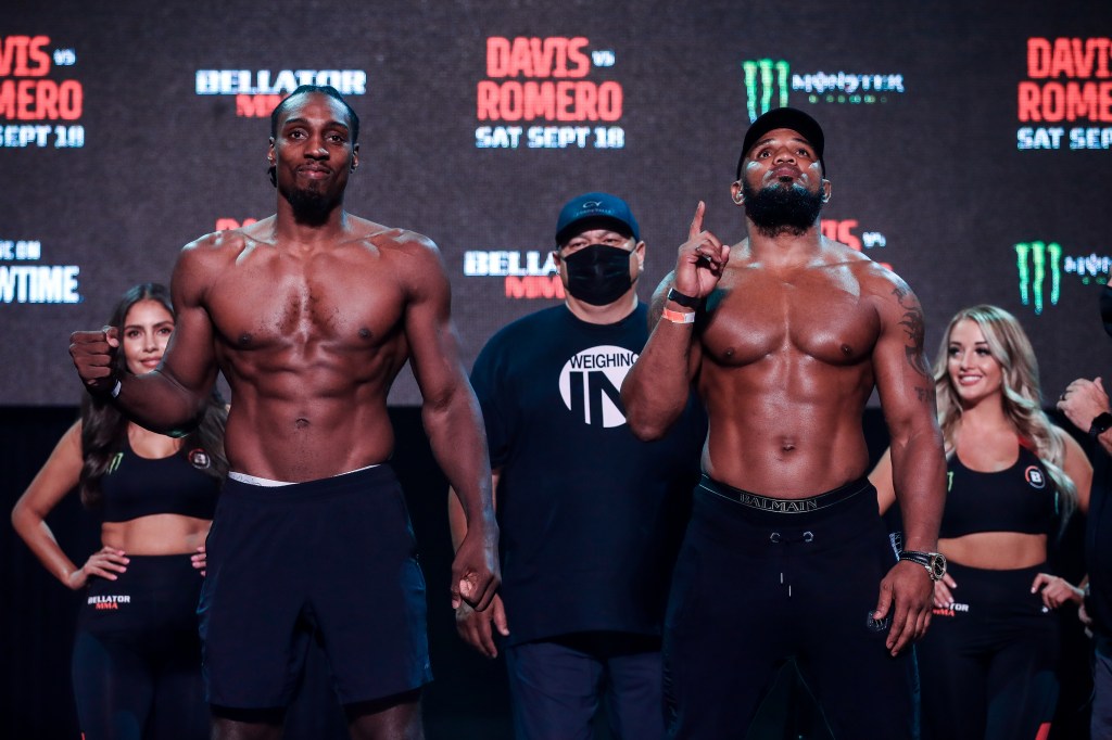 Phil Davis and Yoel Romero pose at Bellator's ceremonial weigh-ins.