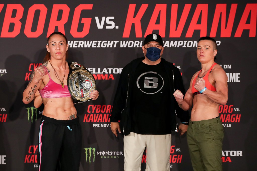 Cris Cyborg and Sinead Kavanagh pose at the Bellator 271 ceremonial weigh-ins.