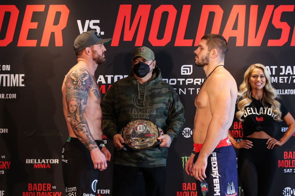 Ryan Bader and Valentin Moldavsky face off at a ceremonial weigh-in.