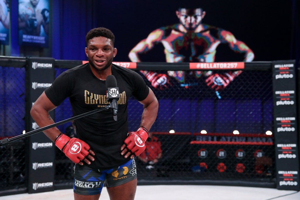 Paul Daley speaks during an interview in the Bellator cage.