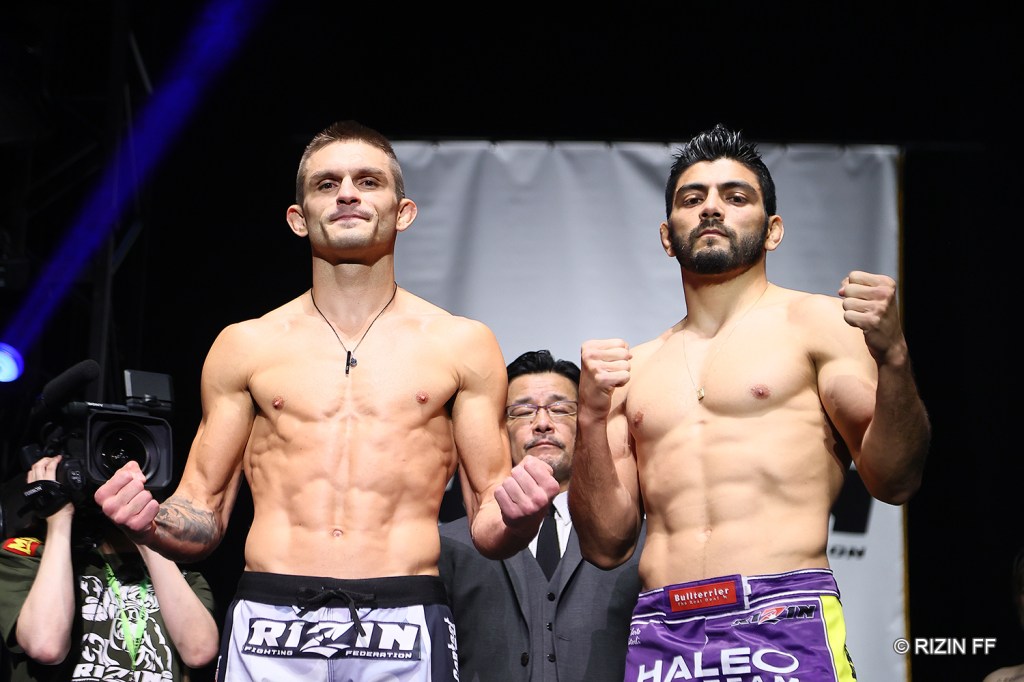 Johnny Case and Roberto Satoshi Souza pose at the ceremonial weigh-ins for RIZIN 35.