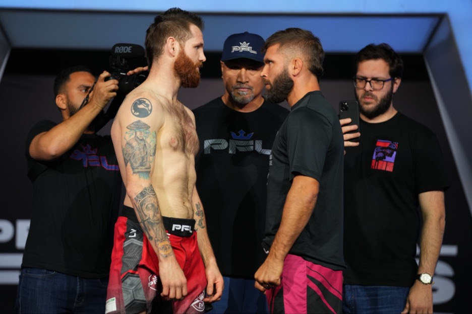 Clay Collard and Jeremy Stephens stare each other down during the ceremonial PFL weigh-ins.