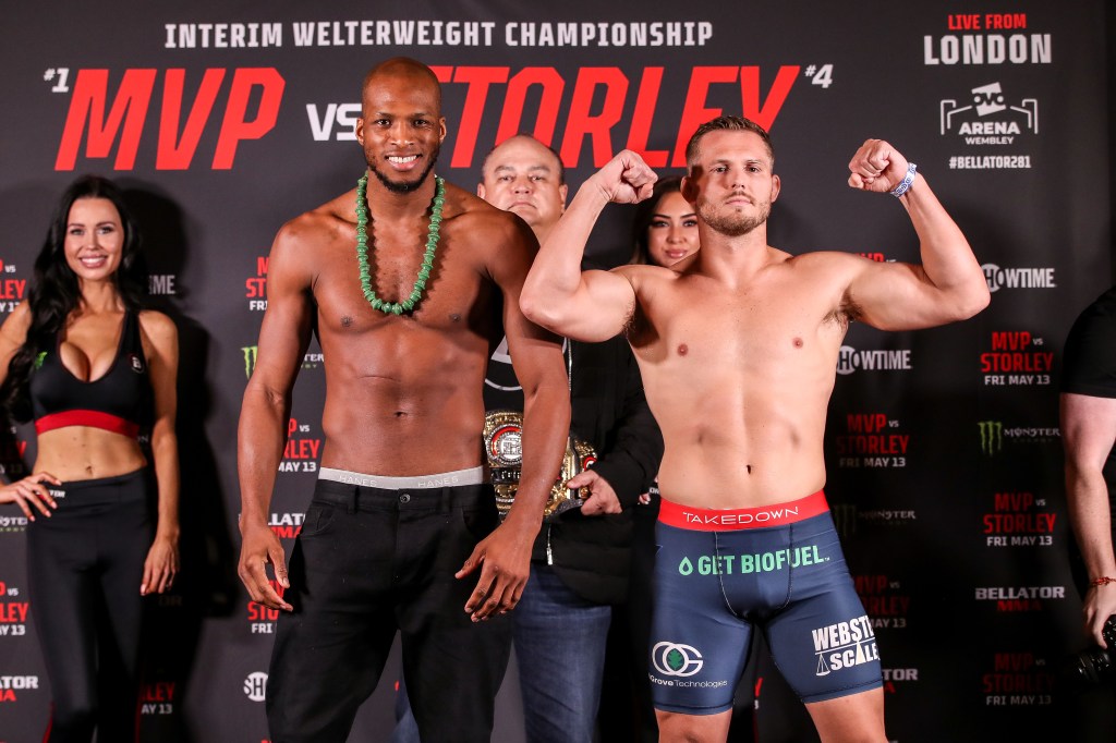 Michael Page and Logan Storley pose at Bellator's ceremonial weigh-ins.
